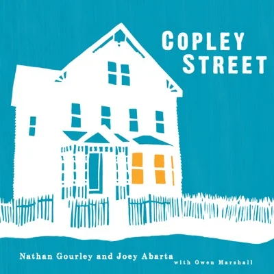 Copley Street album cover — woodcut illustration of a Victorian house in white on a teal background, by Katherine Fahey