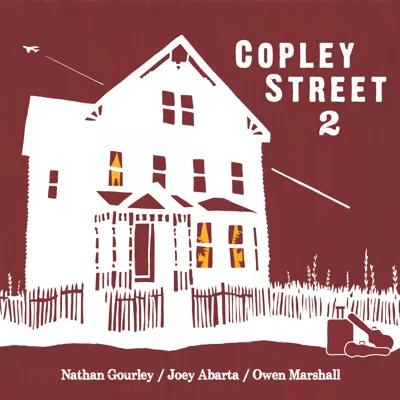 Copley Street 2 album cover — woodcut illustration of a Victorian house in white on a dark red background, by Katherine Fahey